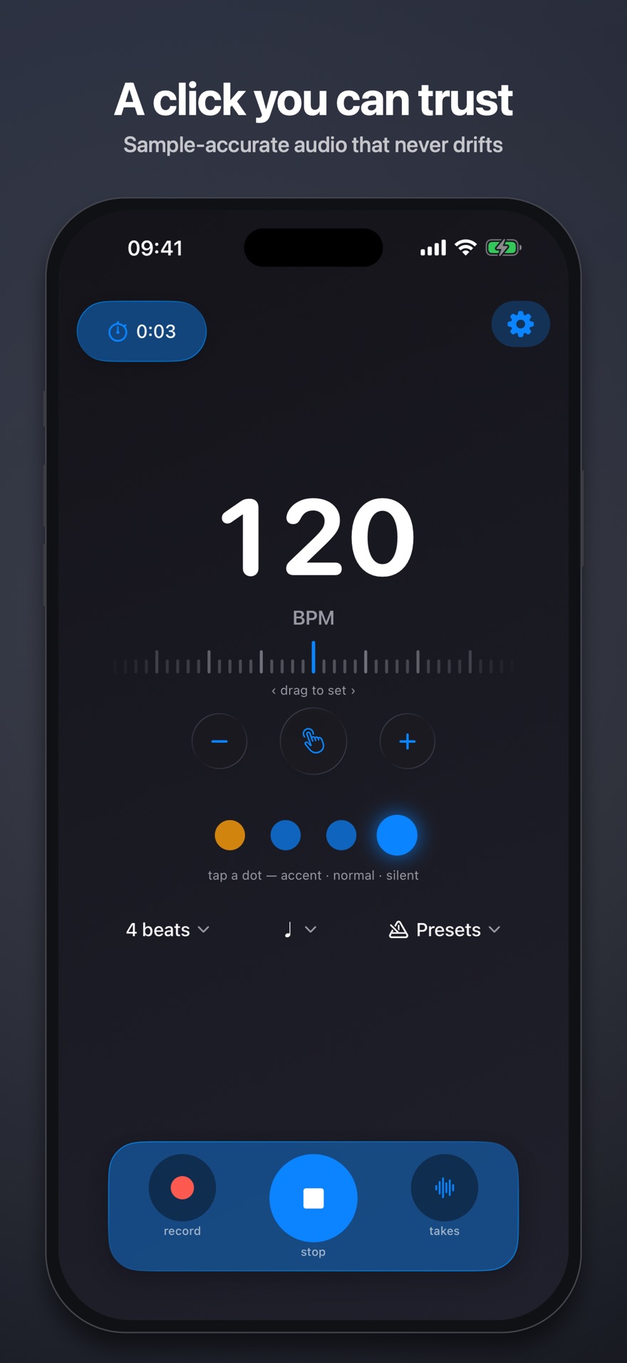 A click you can trust: the main metronome screen with tempo wheel and beat dots.