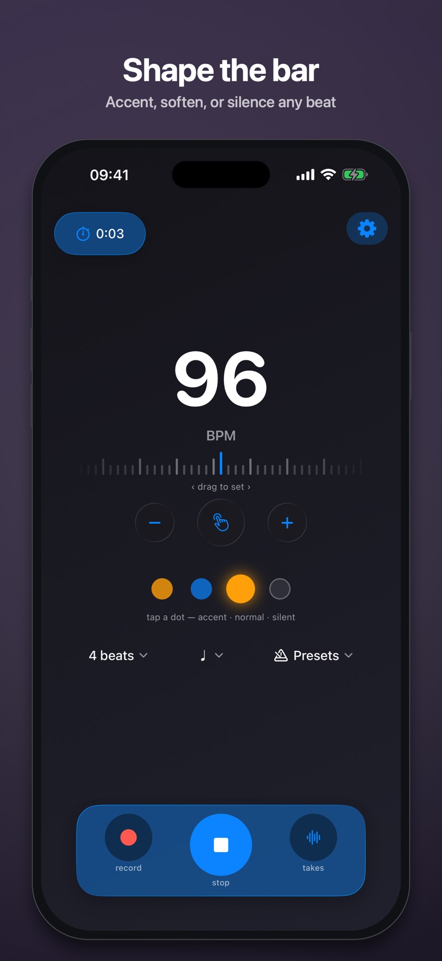 Shape the bar: tapping beat dots to accent, soften or silence any beat.