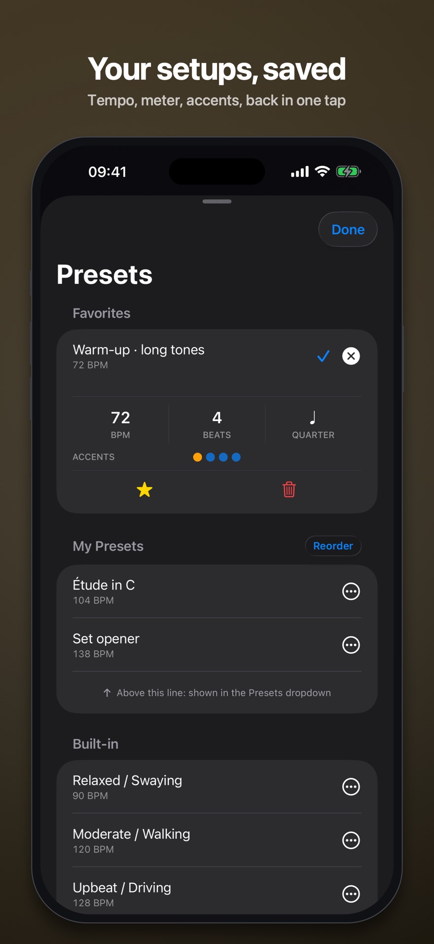 Your setups, saved: the presets list with starred favorites.