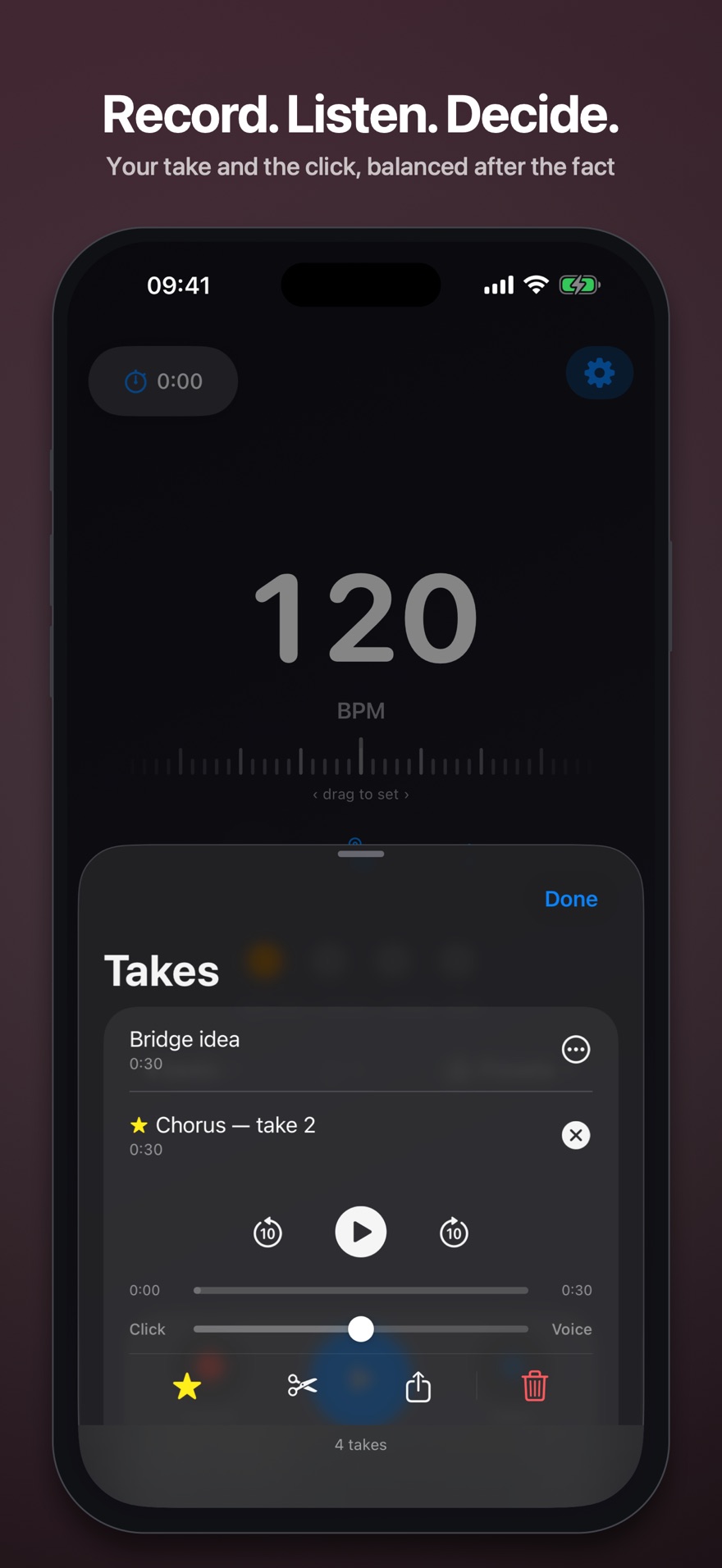 Record, listen, decide: a recorded take with the balance slider between your playing and the click.