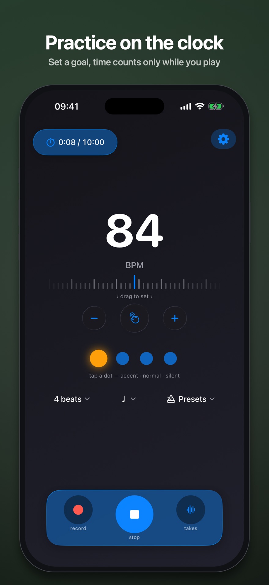 Practice on the clock: the practice timer counting only while the metronome runs.