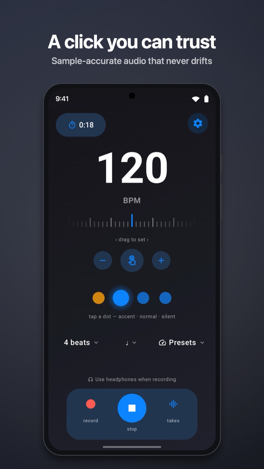 A click you can trust: the main metronome screen on an Android phone, with tempo wheel and beat dots.