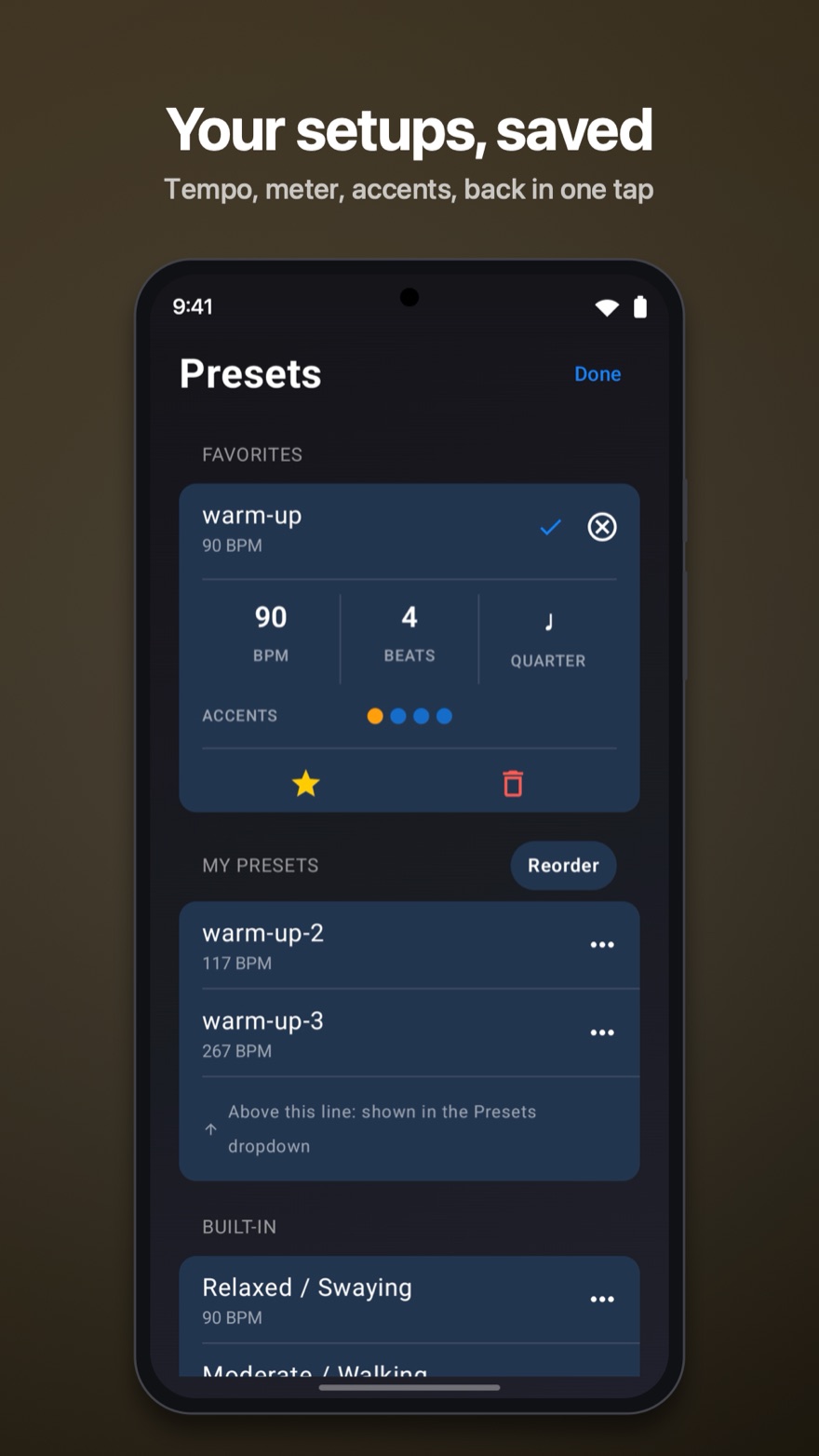 Your setups, saved: the presets list with a starred favorite and the built-in feels.