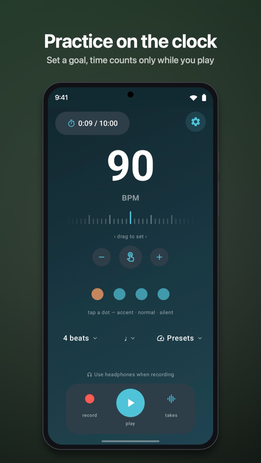 Practice on the clock: the practice timer counting toward a ten-minute goal.